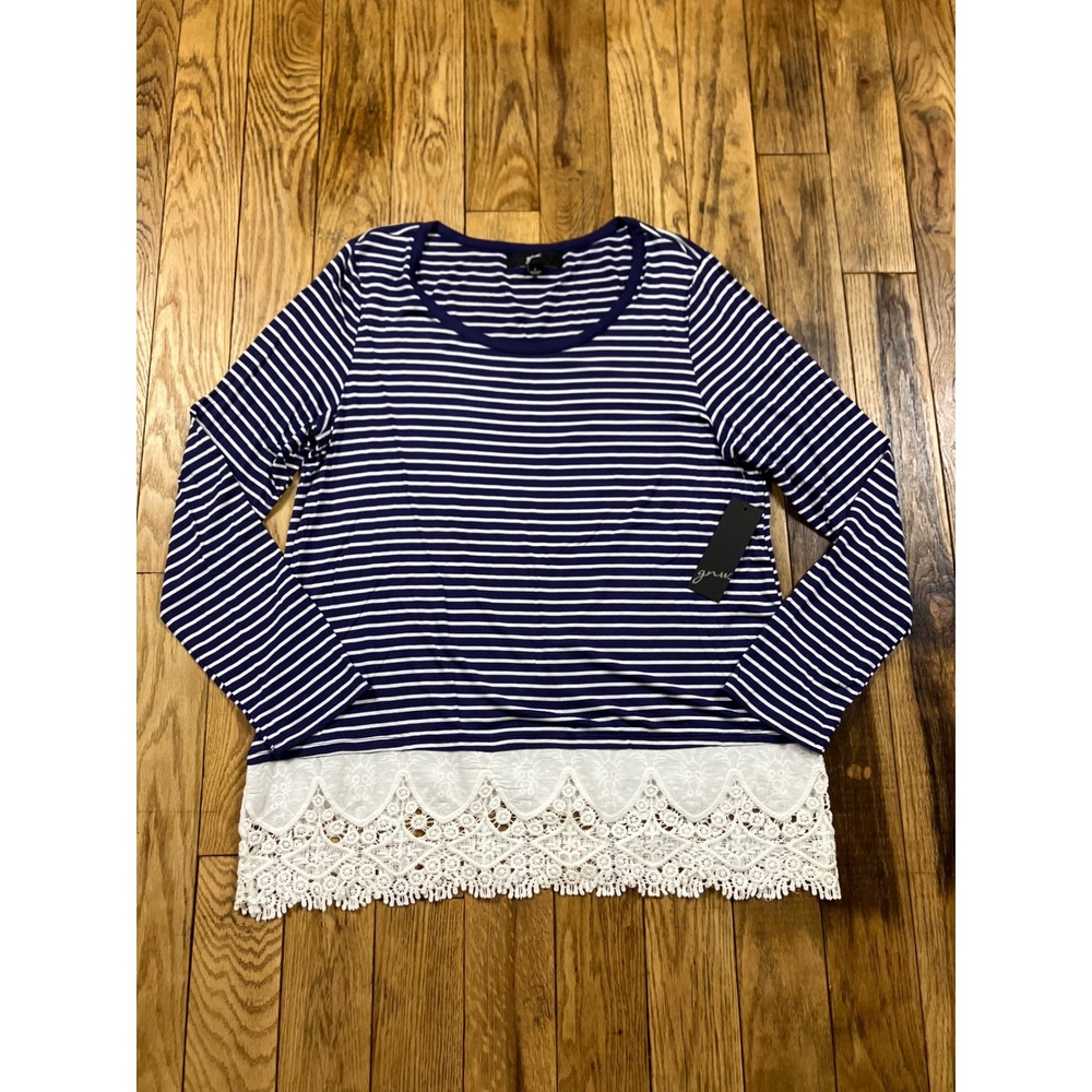NEW Gnw Womens Top Large Blue White Striped‎ Lace Trim Long Sleeve Casual Shirt